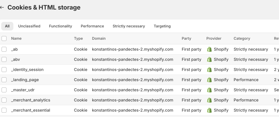 Cookies and HTML Storage list with category tabs