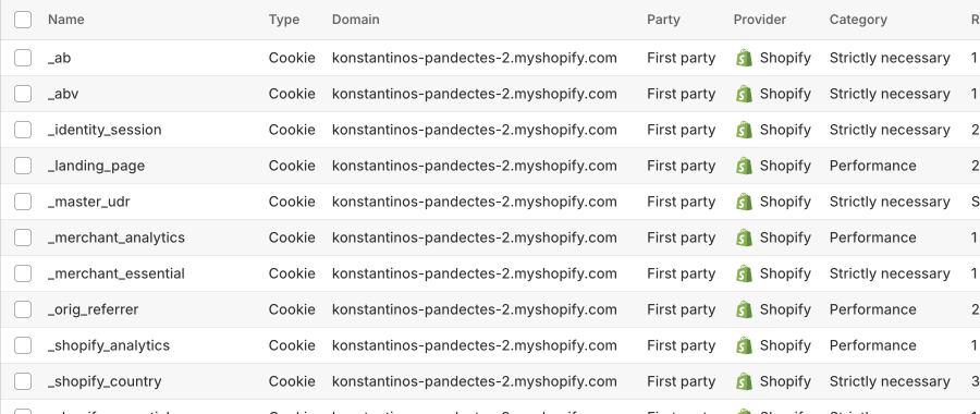 Cookie list columns including type, party, provider, and category