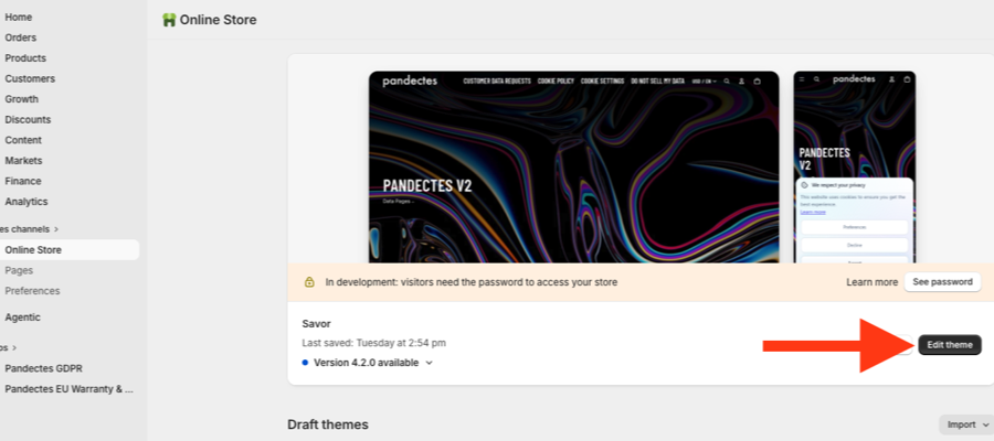 Page Online Store avec le bouton Edit theme sur le thème publié