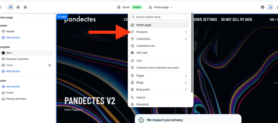 Sélecteur de page de l'éditeur de thème ouvert, avec Products en surbrillance