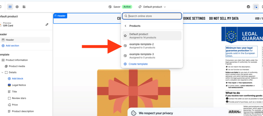 Liste des modèles de produit avec Default product et les modèles alternatifs