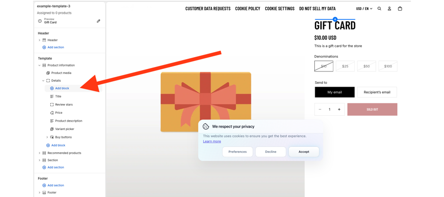 Add block sélectionné dans le groupe Details de la section product information