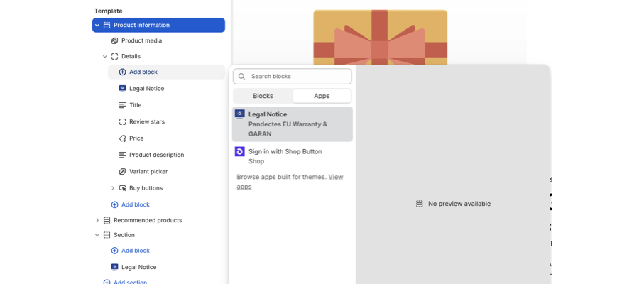 Tab Apps der Blockauswahl mit dem Block Legal Notice