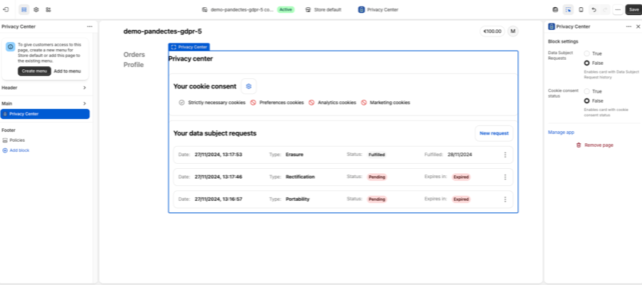 Pagina Privacy Center nell'editor degli account cliente di Shopify, con le impostazioni del blocco sulla destra