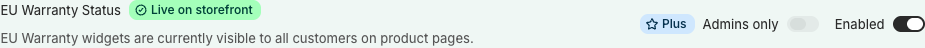 EU Warranty Status card with the Admins only and Enabled toggles