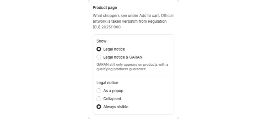 Product page card with the Show and Legal notice options