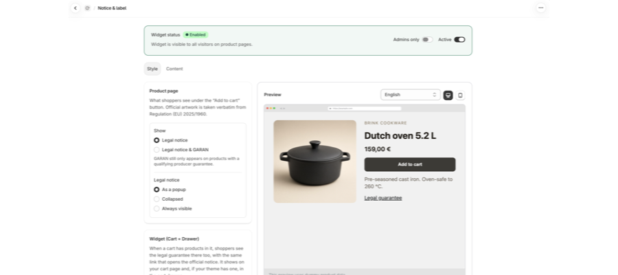 Seite Notice & label im Tab Style mit der Karte Widget status und der Karte Product page