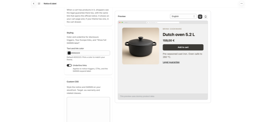 Karte Styling mit Text and link color und Underline links sowie die Karte Custom CSS