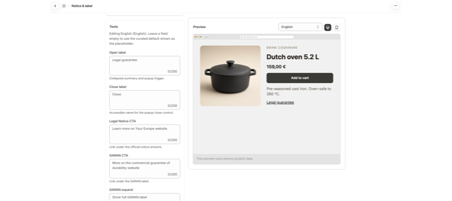 Karte Texts im Tab Content mit den Feldern Open label, Close label, Legal Notice CTA und GARAN