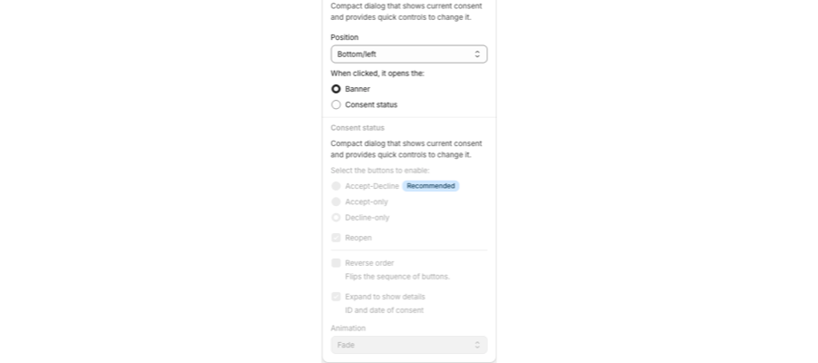 Consent widget position, click action, and button options on the Layout tab