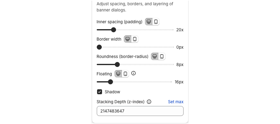 Surfaces controls including stacking depth (z-index)