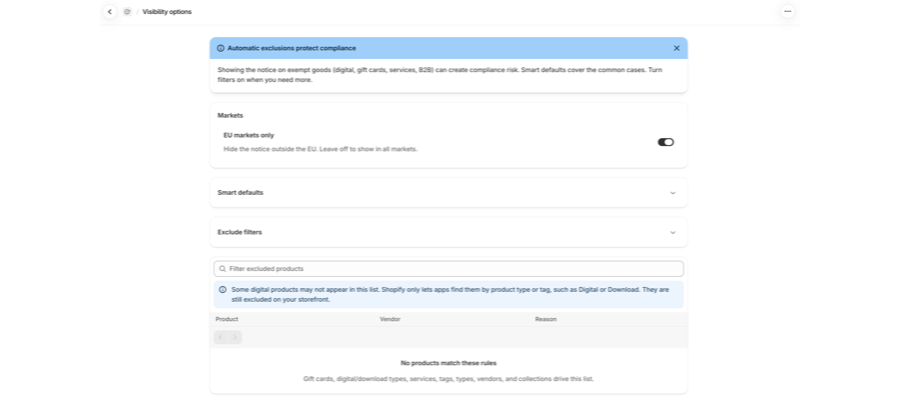 Seite Visibility options mit der Karte Markets, Smart defaults, Exclude filters und der Tabelle der ausgeschlossenen Produkte