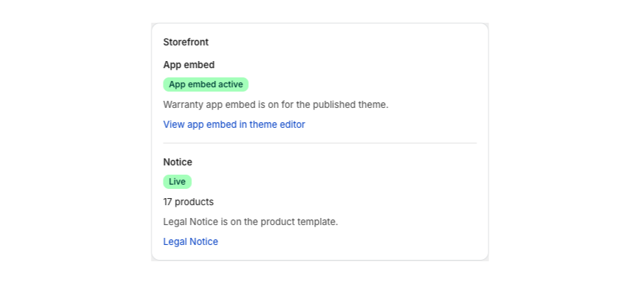 Storefront card showing App embed active and Notice Live