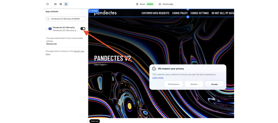 Bereich App embeds im Theme-Editor mit eingeschaltetem Schalter Pandectes EU Warranty