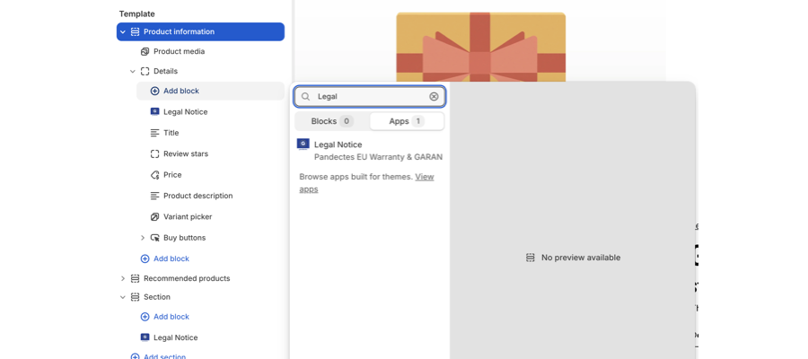 Blockauswahl mit Legal im Suchfeld und dem App-Block Legal Notice im Tab Apps