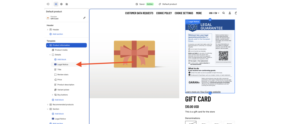 Block Legal Notice innerhalb von Product information > Details, mit dem Hinweis in der Vorschau