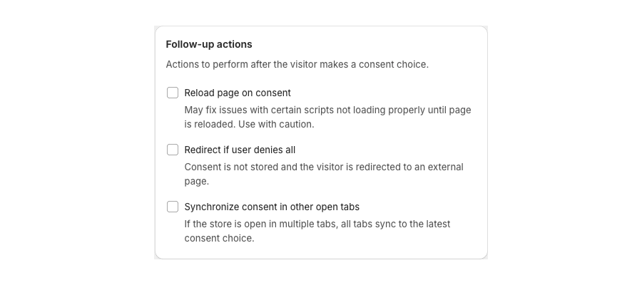 Follow-up actions: reload, redirect if the visitor denies all, and sync consent across tabs