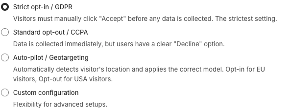 Consent model choices: Strict opt-in, Standard opt-out, Auto-pilot, and Custom