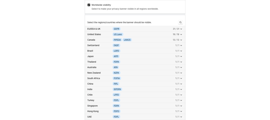 Worldwide visibility and the region list on Settings > Consent model & regions