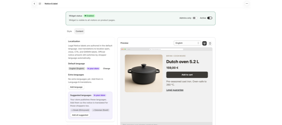 Karte Localization mit Default language, Extra languages und Suggested languages