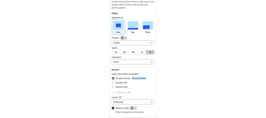 Cookie notice appearance, position, width, and mobile override icons