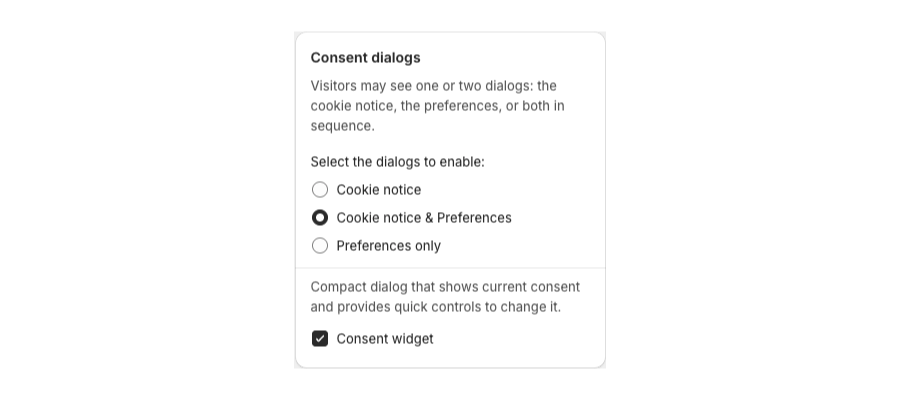 Consent dialogs on the Layout tab, including Cookie notice and Preferences