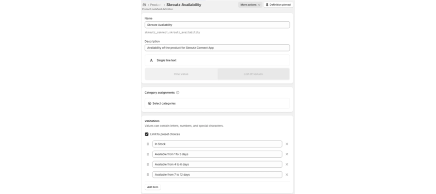 Définition du métachamp Skroutz Availability avec ses quatre valeurs prédéfinies