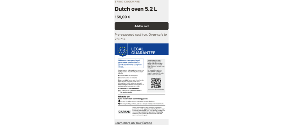 The official legal guarantee notice under Add to cart on a product page